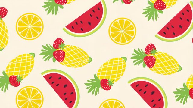 Animated summer fruit pattern with watermelon and pineapple