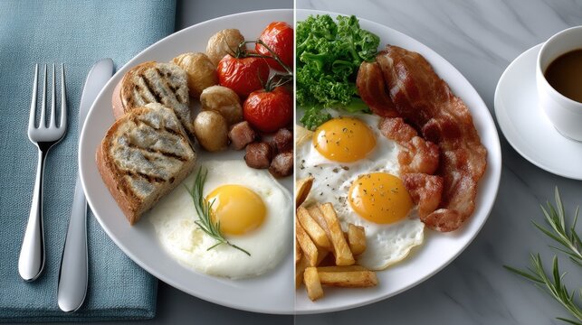 A delicious breakfast display with sunny-side up eggs, crispy bacon, fresh greens, and roasted tomatoes served on a clean plate