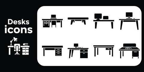 Obraz premium Office desk icon set. Collection of furniture for home, business, and school workspaces. Includes tables with computers and drawers.