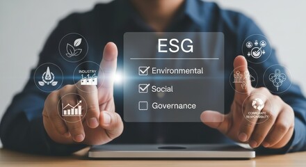 Person's hands interacting with a digital screen displaying E S G criteria with icons environmental social