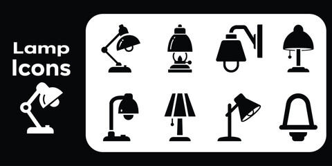 Lamp icon set. Collection of various light fixtures, including desk, table, floor, and wall lamps. Home and office lighting glyph symbols.