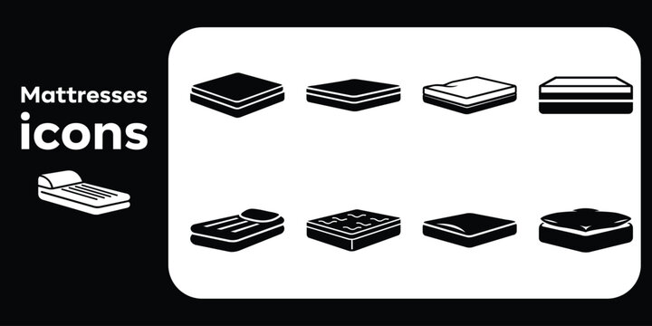 Mattress icon set. Collection of different mattress types, including orthopedic, air, and inflatable beds. Bedding and sleep comfort glyph symbols.