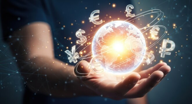 Hand holding glowing earth with global currency symbols orbiting globe world