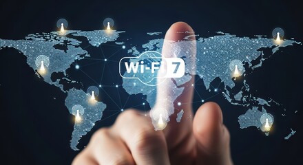 Finger touching Wi- Fi 7 symbol over digital world map with global network connections Wi-Fi 7 technology