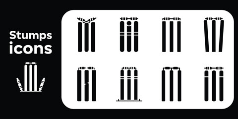 A vector icon set of cricket stumps and wicket silhouettes. Black minimalist symbols of sports equipment for game, league, and tournament designs.