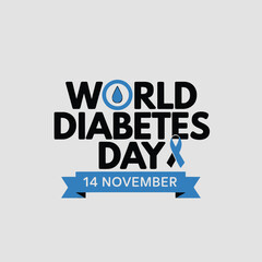 Vector art of world diabetes day text graphic with blue ribbon and blood drop symbol