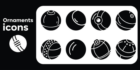 Fototapeta premium A modern, minimalist vector icon set of Christmas ornaments. Black and white silhouette holiday baubles for festive graphic design and decoration.