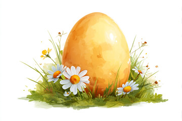 Golden Easter egg nestled in spring grass and daisies a cheerful springtime scene