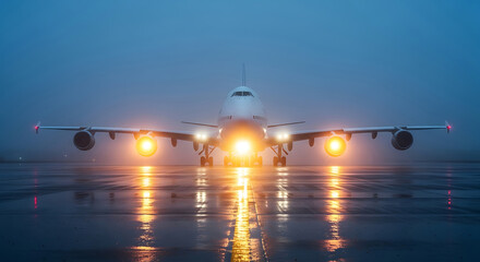 Large passenger airplane with illuminated engines on a wet tarmac at dusk aircraft jumbo jet