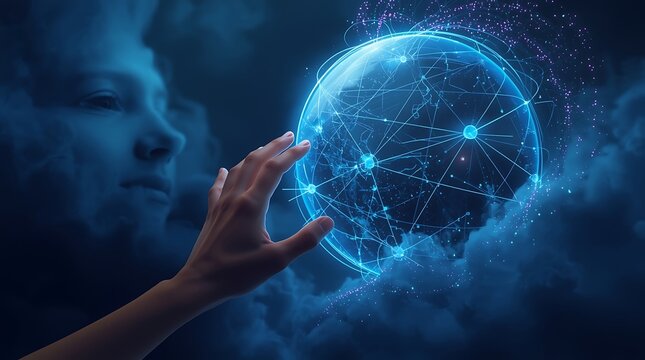 A person's hand reaches for a glowing, networked sphere, with a woman's face in the background amidst clouds and stars.