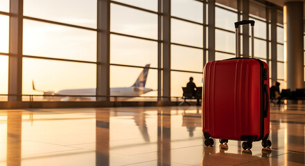 Red suitcase at airport gate with airplane and sunset visible through large windows luggage travel