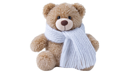 Fototapeta premium Classic teddy bear with winter scarf on transparent background, soft plush toy for Christmas decoration, cozy holiday gift, childhood nostalgia symbol.