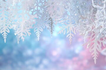 Beautiful winter background with white snowflakes on pink gradient backdrop