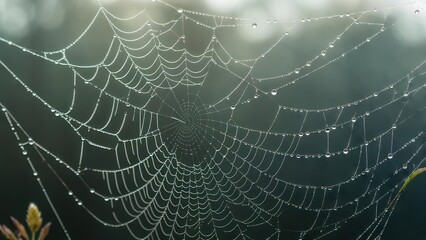 A detailed view of a dewy spiderweb shimmering in soft sunlight with a blurred background