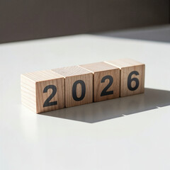 Wooden blocks spell out the year 2026 on a textured surface with soft shadows
