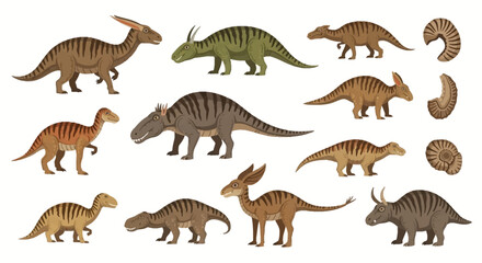 Assorted dinosaur species varying in size and color are depicted alongside ammonite fossils all set on a white background