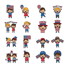 A vibrant vector illustration showcasing a collection of children celebrating American Independence Day with flags, balloons, and patriotic attire, ideal for holiday-themed designs.