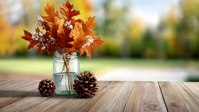 A charming display of autumn leaves and pinecones highlights the beauty of fall on a wooden table in a sunny outdoor setting