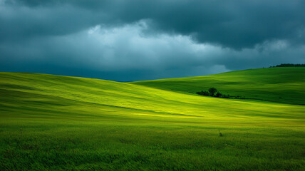 Rolling green hills and a pre-rain sky concept poster. Green valley background. Digital illustration. AI artwork.