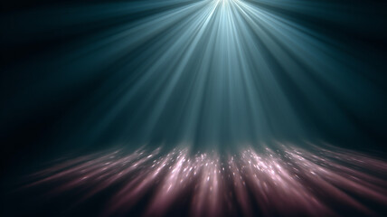 White rays of light pouring from above on a dark background. Underwater sunlight rays poster. Digital photo illustration. 