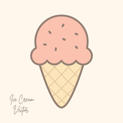 Cute ice cream cone vector in pastel color - Pink ice cream scoop with sprinkles, Minimalist dessert symbol - Simple flat cartoon design for logo, cafe menu, kids sticker, or summer background.