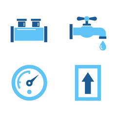 Plumbing and measurement tools, including a pipe fitting, a faucet with a water drop, a pressure gauge, and an upward arrow.