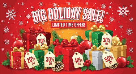 Vector illustration of big holiday sale with discount tags on gift boxes, christmas ornaments, pine cones, and festive decorations on a red background with snowflakes