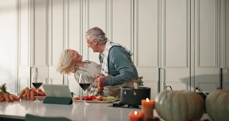 Love, happy or old couple dancing in kitchen, streaming music or cooking for healthy relationship. Support, care or senior man with woman bonding in home, retirement or tech for dinner entertainment - Powered by Adobe