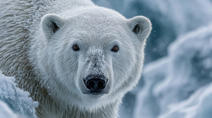Majestic polar bear close-up portrait. Powerful wild animal with piercing eyes and frosty white fur stares directly. Arctic ice and snow habitat.