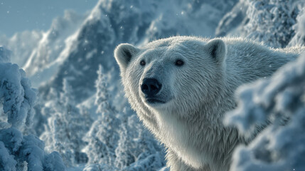 Majestic polar bear stands alert in a snowy winter arctic landscape. Its thick white fur blends with the frozen environment, showing its resilience and strength in the wild.