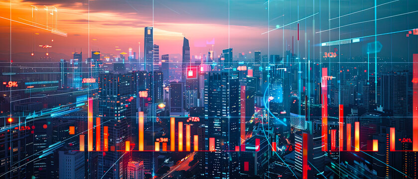 Futuristic city skyline at night with glowing skyscrapers and abstract digital financial graphs overlay. Concept of fintech, smart economy, investment, blockchain, stock market and modern technology.