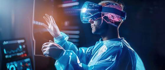 Surgeon wearing a VR headset and interacting with holographic medical data. Concept of futuristic healthcare, augmented reality surgery, and advanced brain diagnostics using technology.