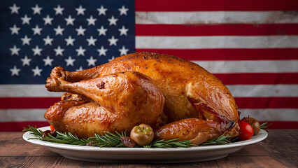 baked thanksgiving turkey whole dish in front of a united states of america flag, ai