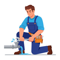 A professional plumber in blue overalls kneels to repair a leaking water pipe with a large wrench.