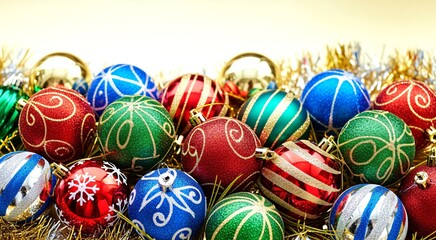 Christmas Ornament Background Colorful Baubles with Glitter Patterns on Gold Tinsel