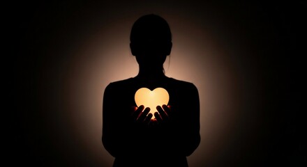 Inner Radiance: The silhouette of a person cradling a glowing heart, exuding warmth and representing themes of love, compassion, and inner peace in this evocative image.