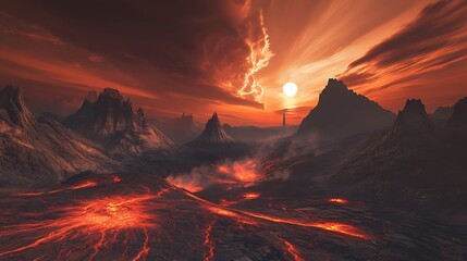 Fototapeta premium A dramatic volcanic landscape with flowing lava and fiery skies creates a scene of intense heat and geological power, showcasing natures raw force