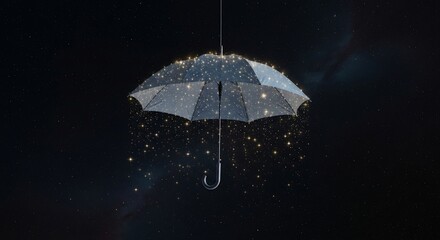Umbrella with Abstract Shower: An abstract portrayal of an umbrella elegantly suspended, with sparkling particles gently cascading downwards, creating a dreamlike and ethereal atmosphere. 