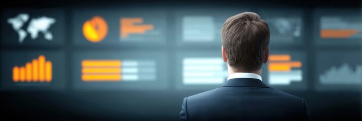 a cinematic view of a business manager standing before a digital wall of charts and project plans, illustrating the art of task execution, time management