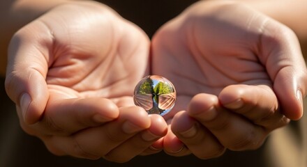 Intricate Sphere: A detailed look at a crystal sphere cradled in the hands, capturing the beauty of reflection and focus.