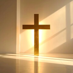 Naklejka premium A golden cross stands illuminated by sunlight, casting shadows on a clean white surface.