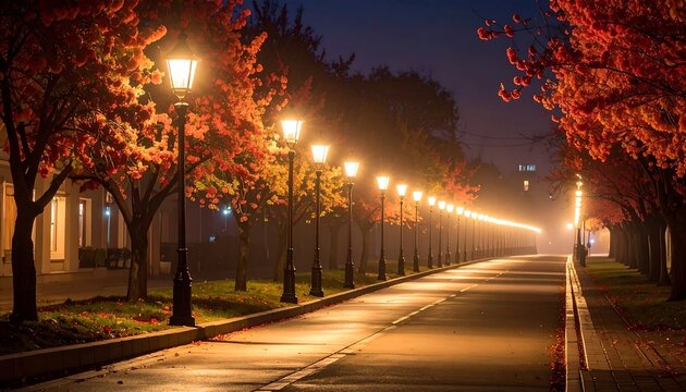 A street lined with lampposts illuminates a road at night, with vibrant autumnal foliage arching overhead, under a dusky sky