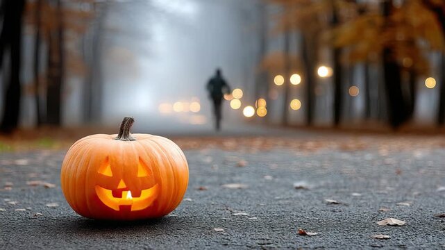 A jack-o'-lantern shines brightly on the path in a foggy park with a mysterious figure walking nearby in the autumn scenery