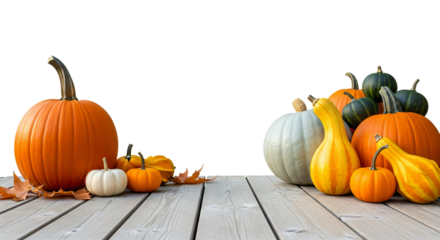 Halloween theme, thanksgiving collection of pumpkins and gourds with autumn leaves. No background, PNG high resolution.