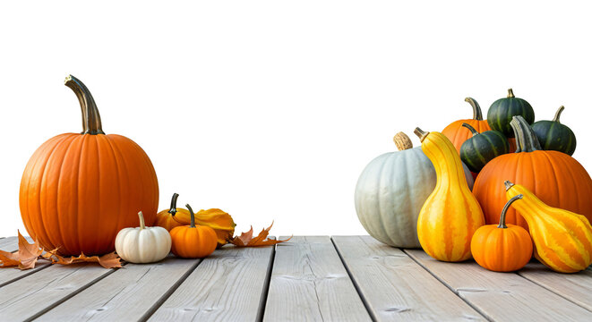 Halloween theme, thanksgiving collection of pumpkins and gourds with autumn leaves. No background, PNG high resolution.