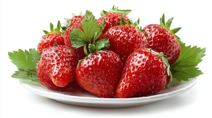 Plate of fresh strawberries isolated on white background