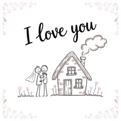 Love and Home Sweet Home: A charming illustration captures the essence of romance, with the tender embrace of a couple, nestled near their cozy home, all under a heartfelt declaration of love.