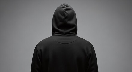 Back view of a person wearing a black hoodie against a plain gray background