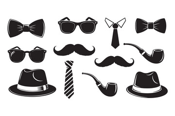 Vintage set vector collection of hipster men's fashion icons including hats, mustaches, beards, glasses, and sunglasses in black silhouette illustration style