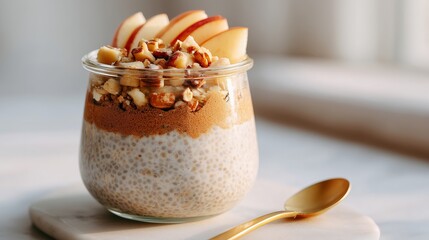 Close up of a glass jar filled with layered apple, chia seeds, and nuts, showcasing a healthy dessert with vibrant colors and textures, perfect for food photography